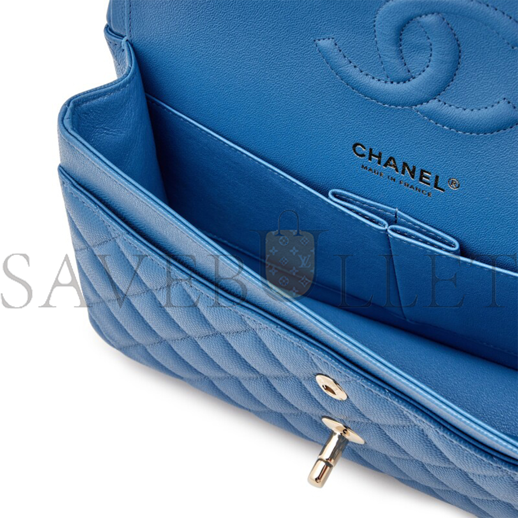 Ch*el blue quilted caviar medium classic double flap light gold hardware as1112 (25*15*6cm)